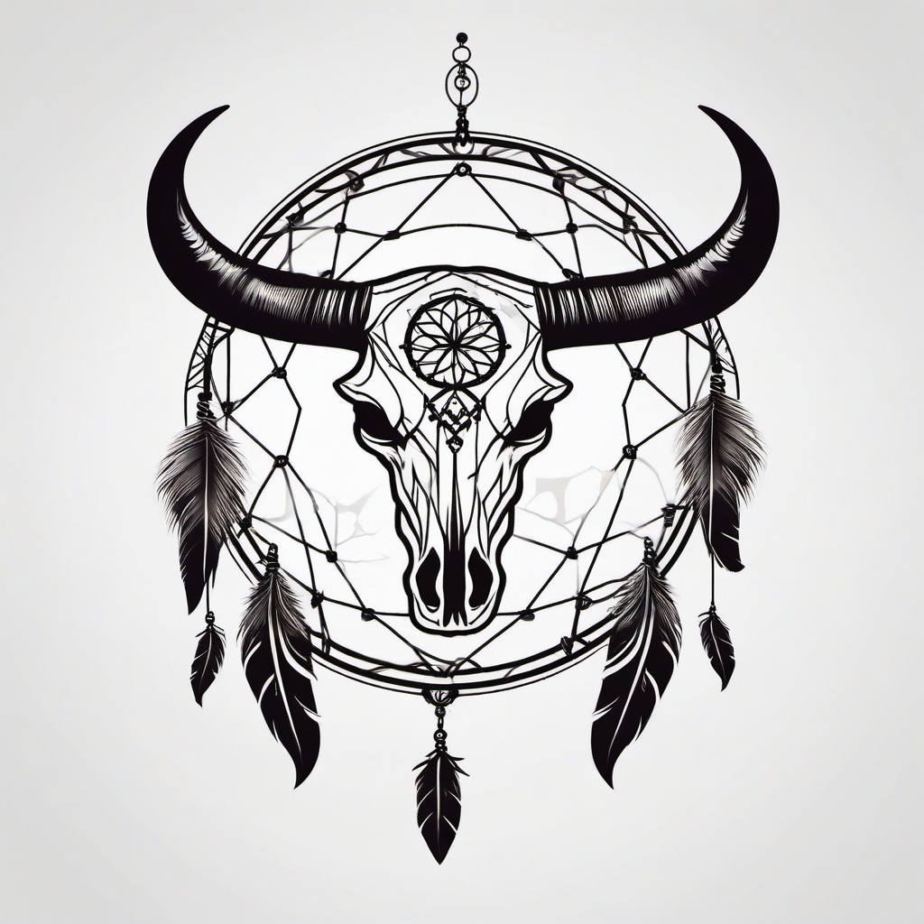 Bull Skull Dream Catcher Tattoo - Tattoo combining a dream catcher with bull skull motifs.  simple vector tattoo,minimalist,white background