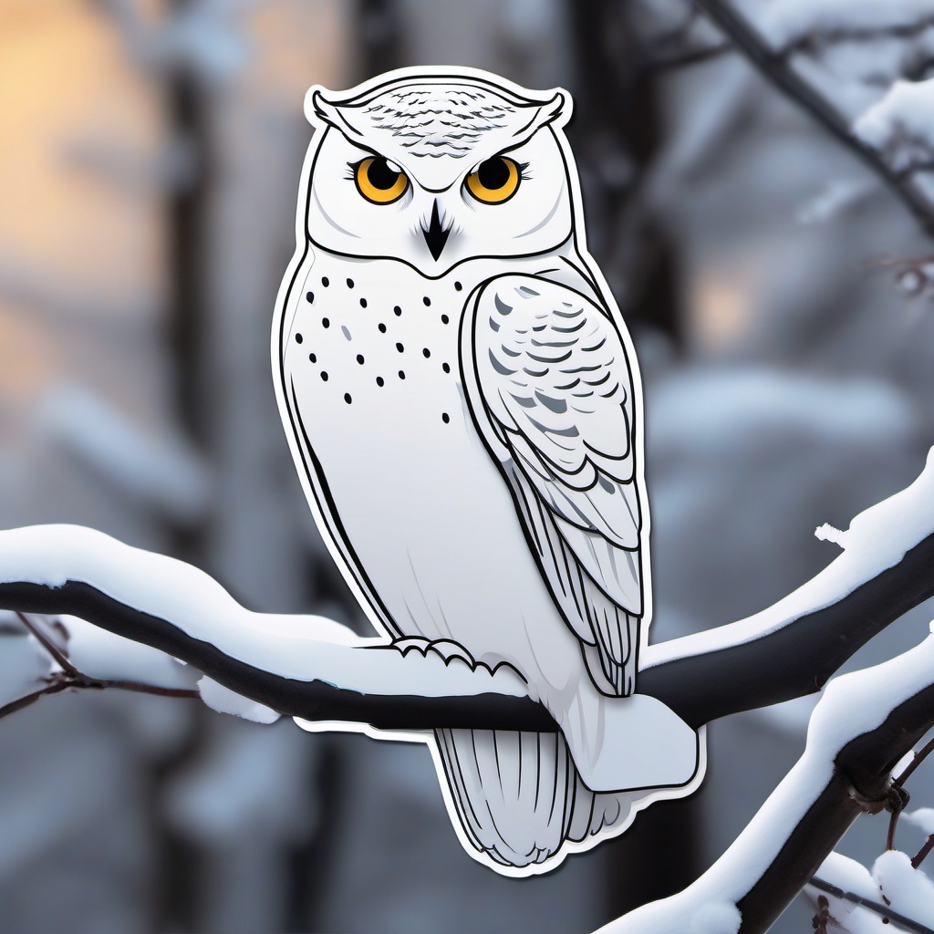 Snowy Owl on Tree Emoji Sticker - Silent watch in a winter wonderland, , sticker vector art, minimalist design