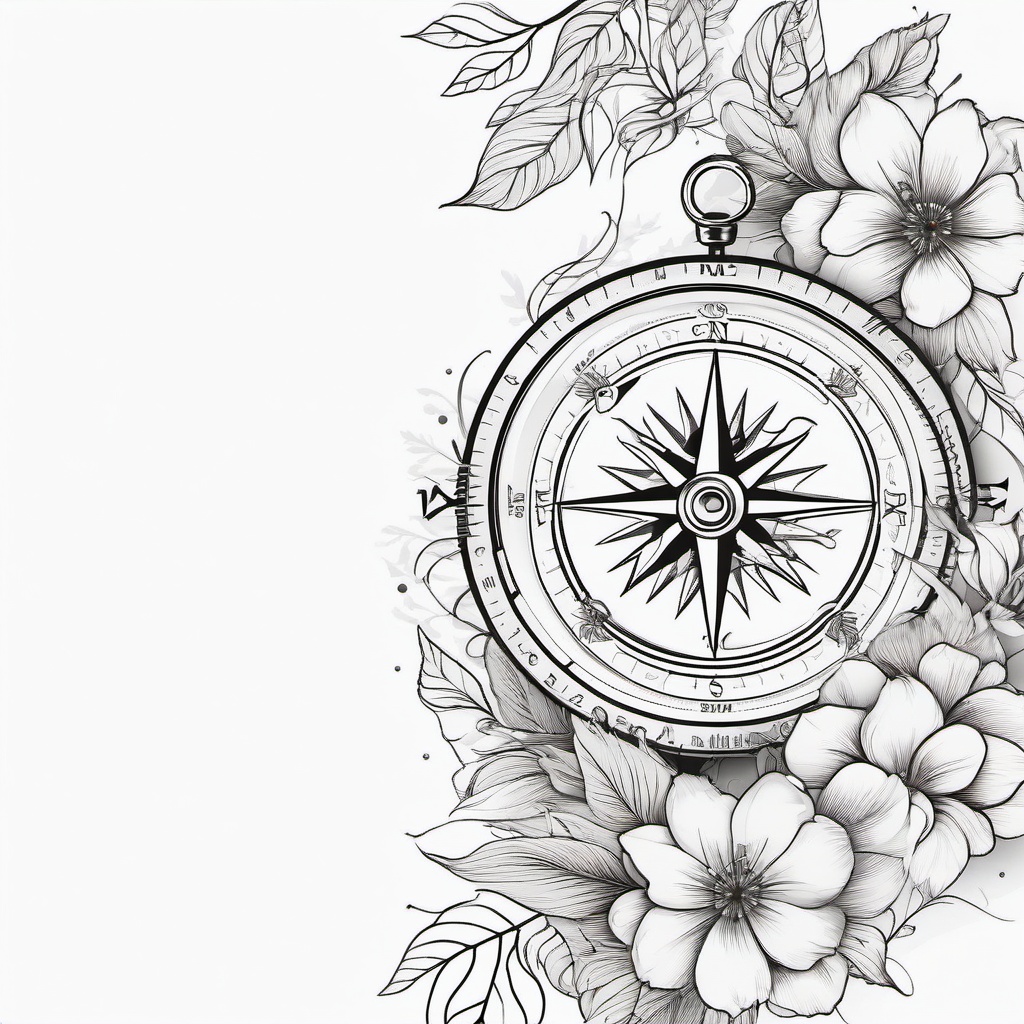 Compass Tattoo with Flowers - Compass tattoo adorned with floral elements.  simple vector tattoo,minimalist,white background