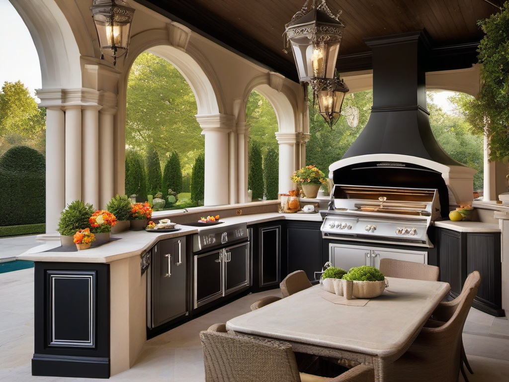 Parisian outdoor kitchen captures elegance with chic furnishings, decorative moldings, and stylish accents that maximize outdoor dining aesthetics.  