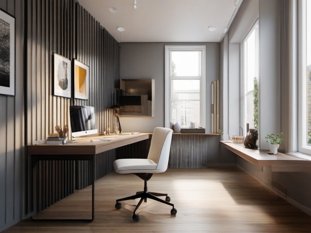 The home office exemplifies Bauhaus interior design, featuring a simple desk, ergonomic chair, and ample natural light that create a focused and inspiring workspace.  