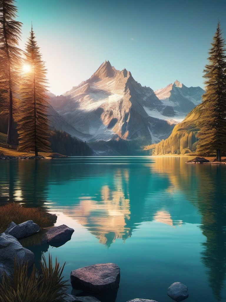 Mountain Lake Background - Crystal Lake in the Swiss Alps  wallpaper style, intricate details, patterns, splash art, light colors