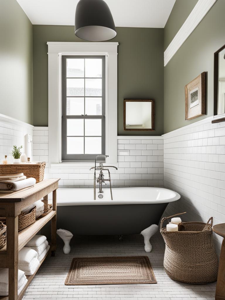 farmhouse bathroom with a clawfoot tub and subway tile walls. 