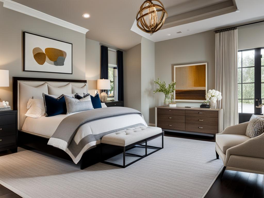 transitional bedroom with a blend of modern and traditional decor. 