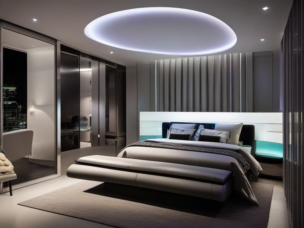 In the guest bedroom, futuristic interior design offers a sleek atmosphere with modern furnishings, innovative decor, and a serene color palette that makes visitors feel at home.  