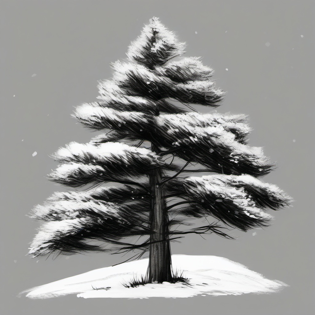 drawing of a pine tree with snow  minimal rough sketch scribbles,doodles,black and white