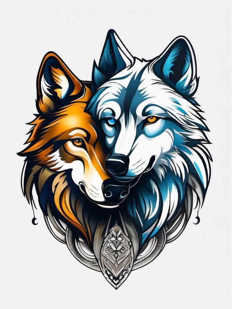 2 Wolves Tattoo,two wolves depicted together, signifying partnership and harmony in the wild. , color tattoo design, white clean background