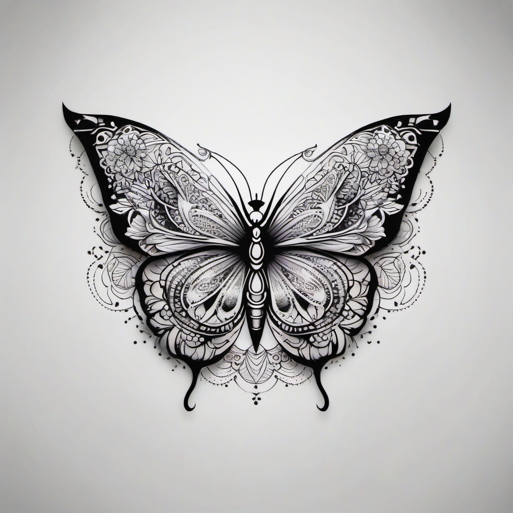 butterfly mandala tattoo  simple color tattoo,white background,minimal