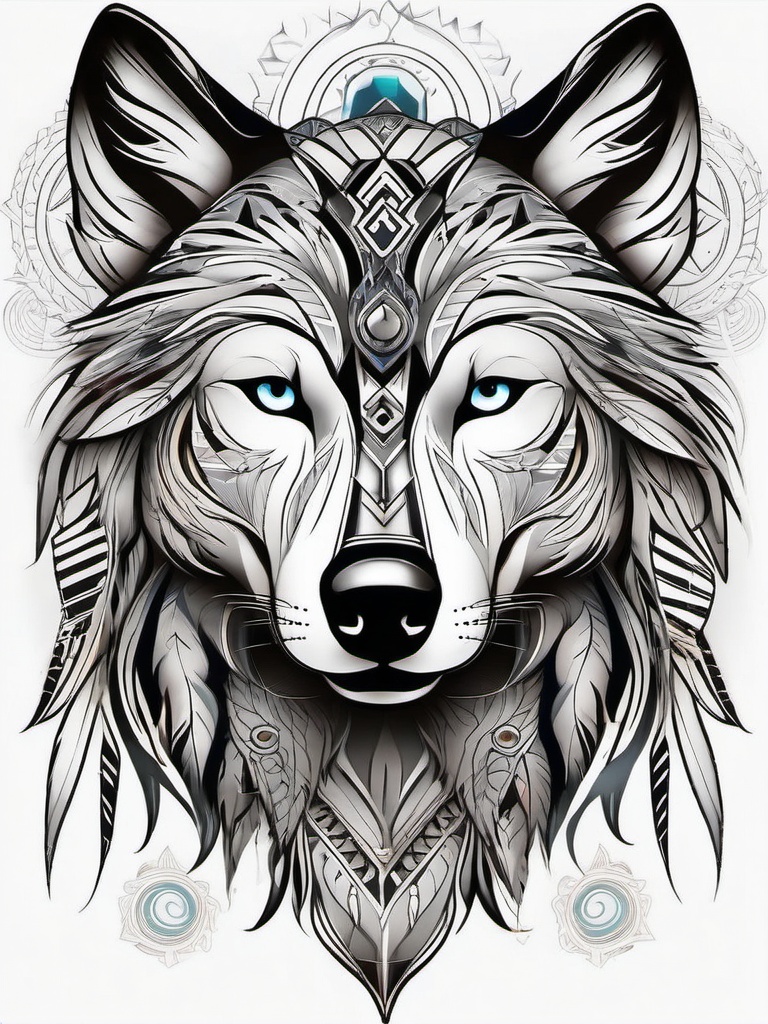 Wolf Native Tattoo,tattoo inspired by indigenous cultures, uniting the wolf and the wisdom of ancient traditions. , tattoo design, white clean background