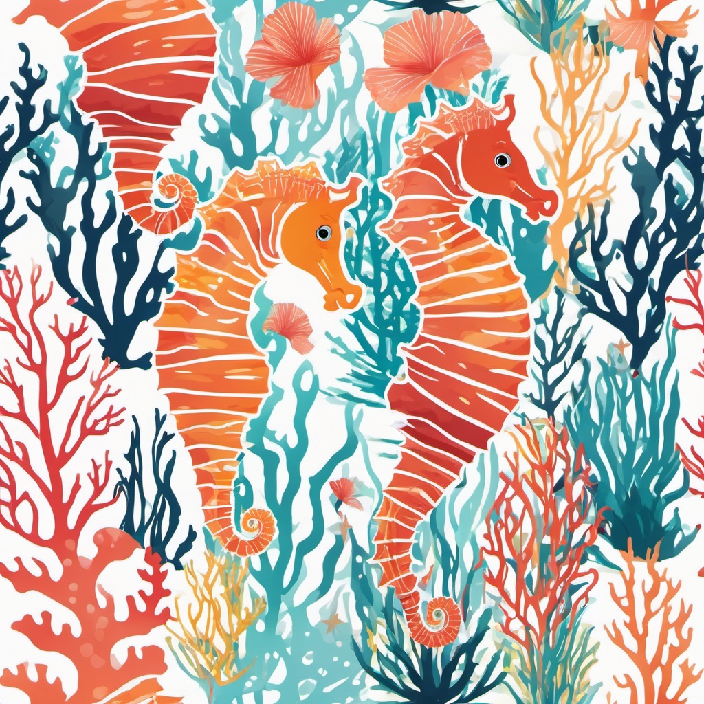 Seahorse Clipart - Seahorse floating among colorful coral reefs , minimal, 2d