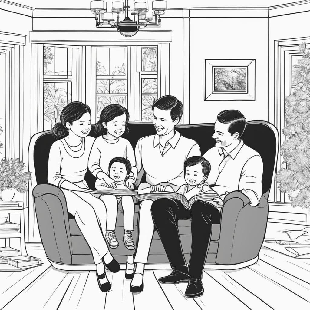 family clipart black and white in a warm home - portraying warmth and unity. 