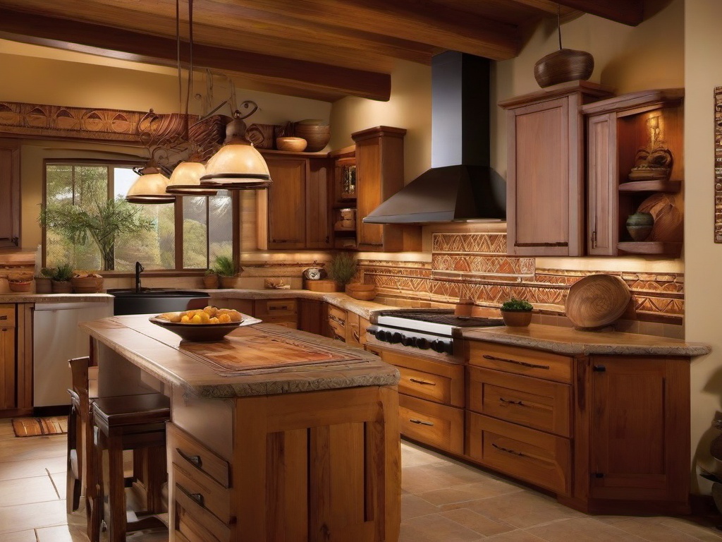 Southwestern kitchen combines earthy colors, wooden accents, and decorative tiles for a warm and welcoming atmosphere.  