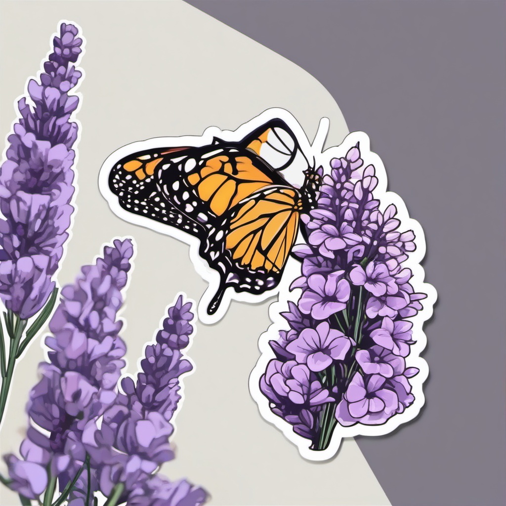 Butterfly and Lavender Sticker - Butterfly near blooming lavender flowers, ,vector color sticker art,minimal