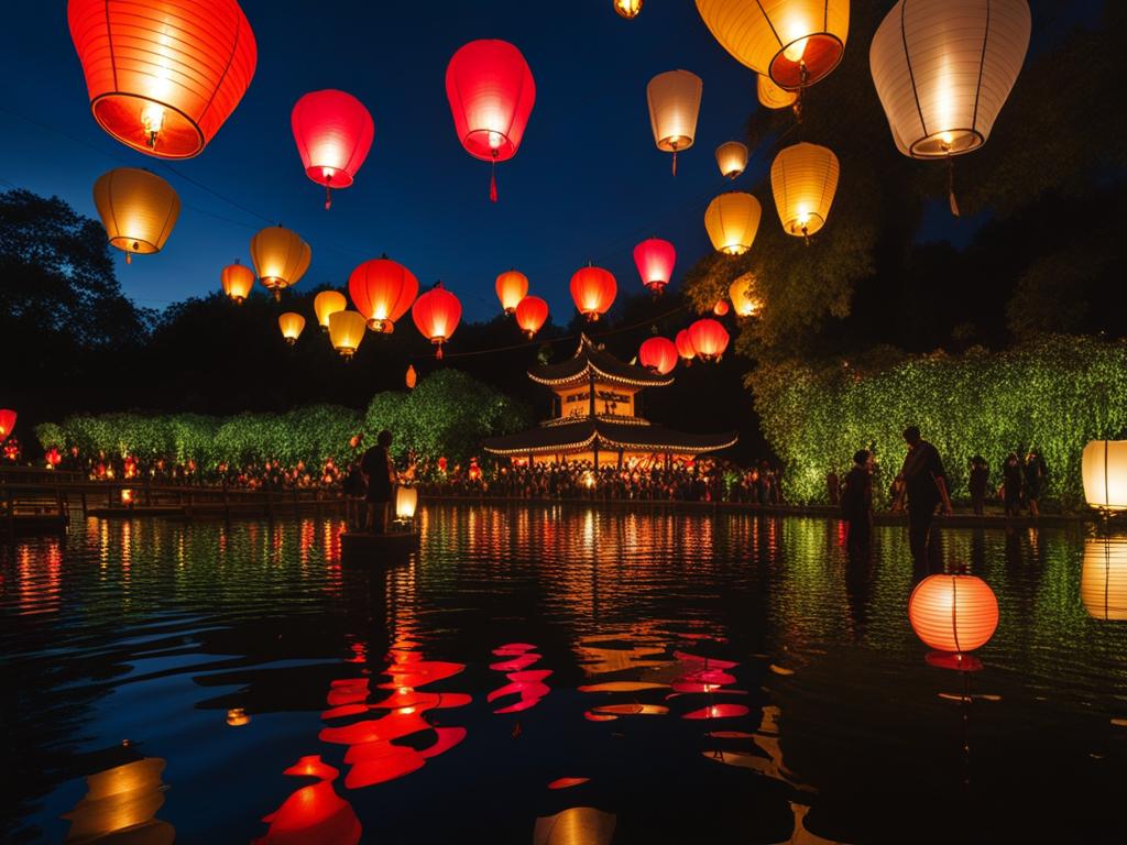 stroll through a garden filled with lanterns that float in the air at garden of floating lanterns. 