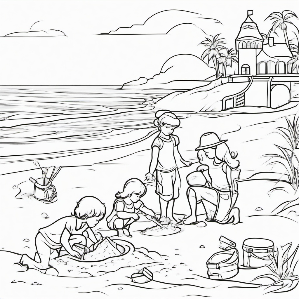 Children building a sandcastle on the beach  simple coloring pages