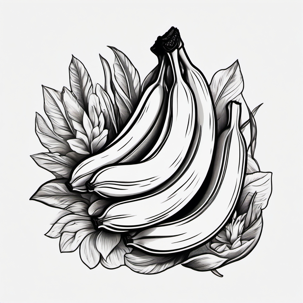 Bunch of bananas tattoo. Nature's convenient snack.  black white tattoo style, minimalist design,white background