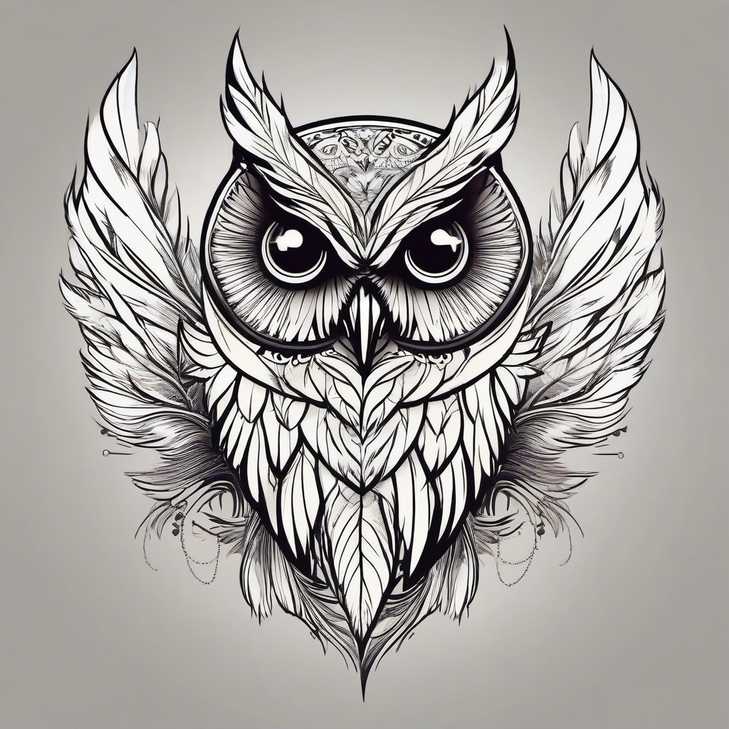 Owl and Feather Tattoo - Infuse feathers and owl symbolism in a tattoo for a unique design.  simple color tattoo,vector style,white background