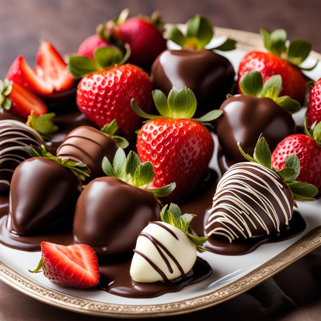 a platter of chocolate-dipped strawberries, glossy and tempting, with a variety of toppings. 