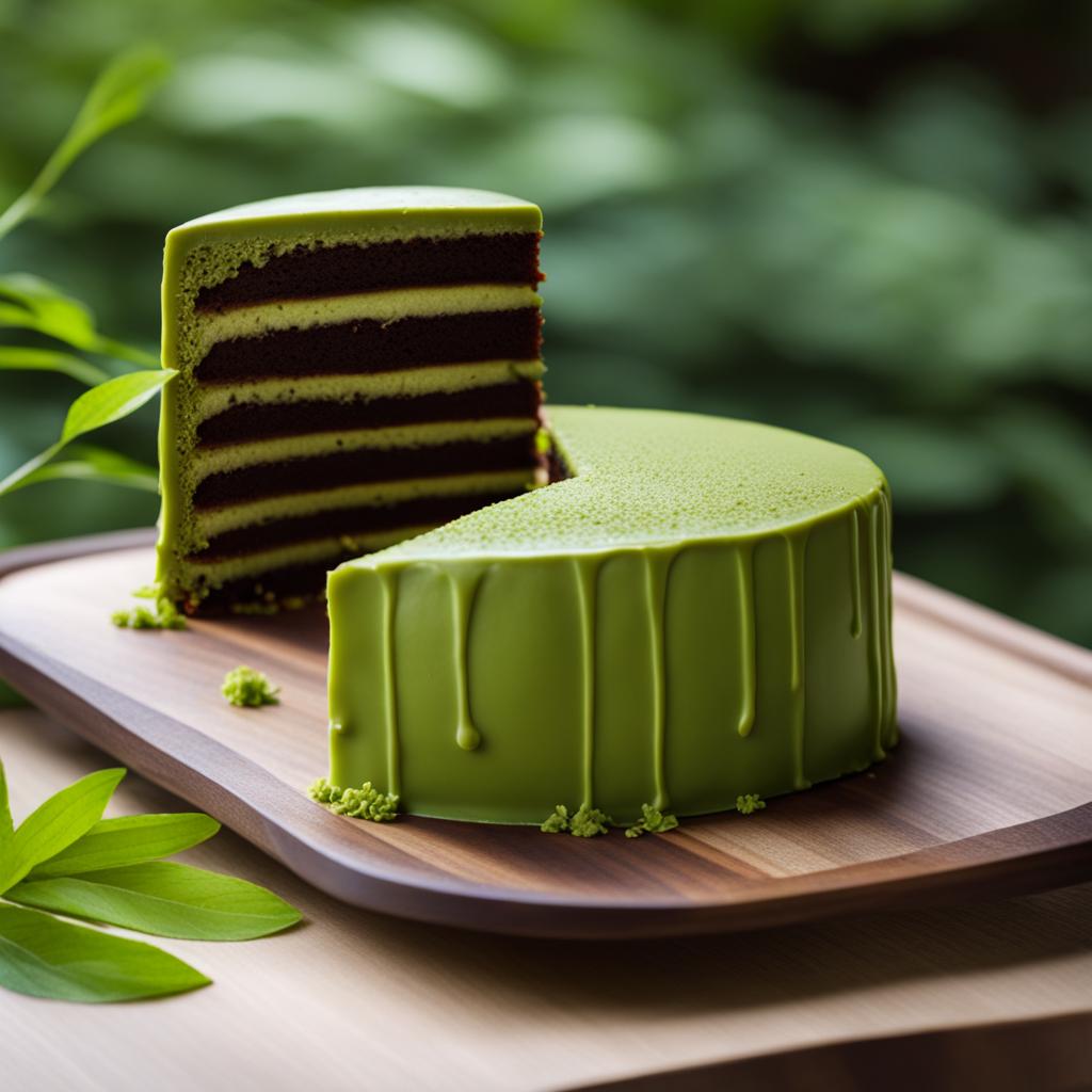 matcha green tea cake with matcha ganache, enjoyed at a serene japanese garden. 