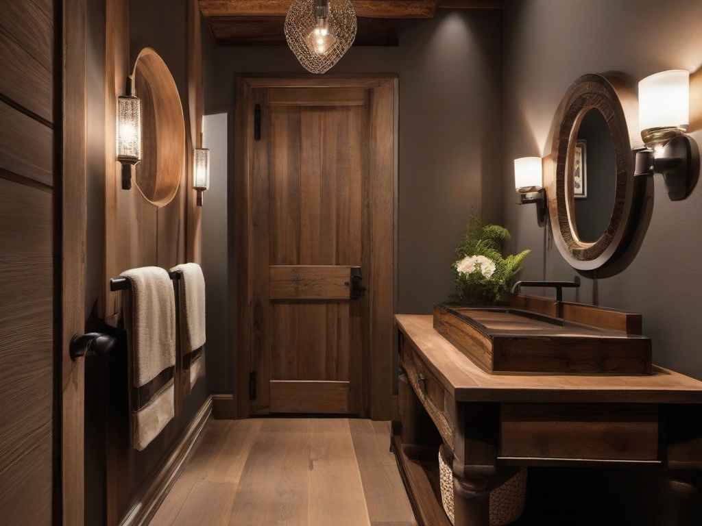 In the powder room, rustic interior design includes vintage fixtures, natural wood decor, and earthy tones that transform a small space into a charming and stylish experience.  