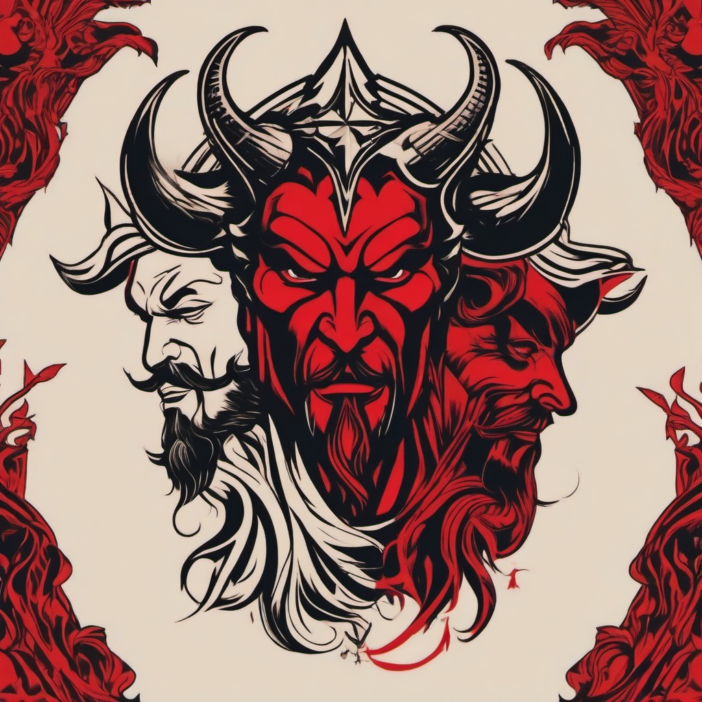 Devil and Jesus Tattoo-Bold and dynamic tattoo featuring a depiction of the devil and Jesus, capturing themes of spirituality and good versus evil.  simple color vector tattoo