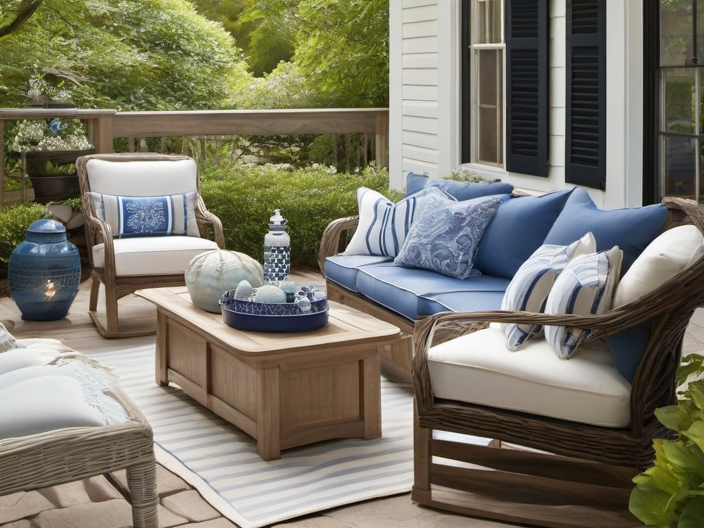 Nautical patio showcases blue and white accents, seashell decor, and weathered wood, evoking a breezy seaside atmosphere for outdoor relaxation.  