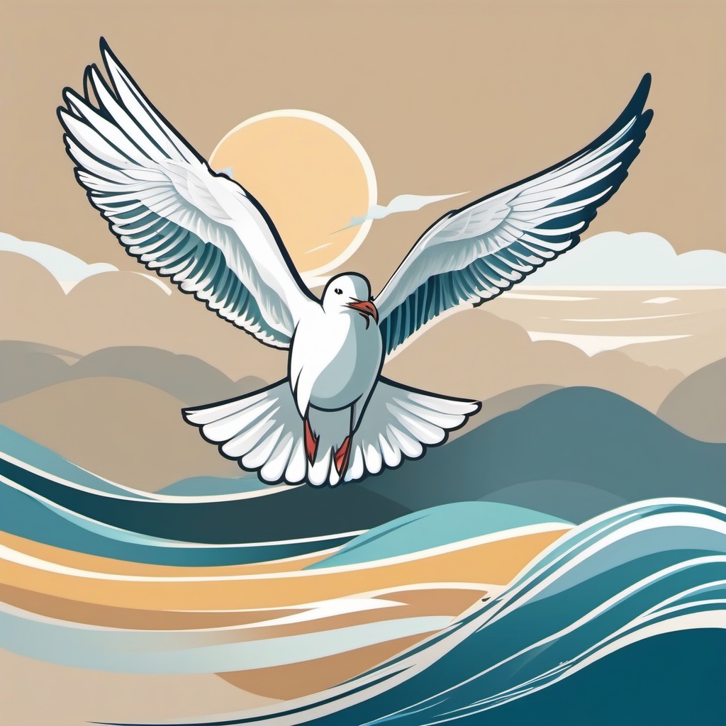 Seagull Sticker - A seagull soaring through the sky above the ocean, ,vector color sticker art,minimal