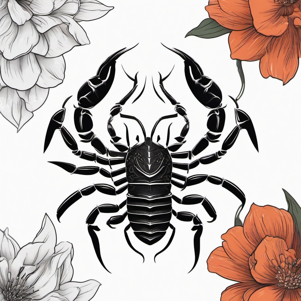 Scorpion Tattoo with Flower - Combine strength and beauty with a scorpion tattoo featuring floral elements for a unique and artistic design.  simple vector color tattoo,minimal,white background