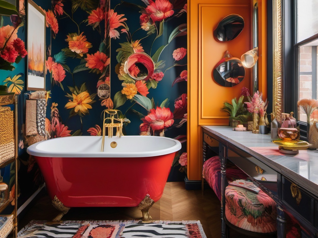 Maximalist bathroom showcases bold colors, intricate patterns, and eclectic decor, making it a lively and dynamic environment for self-care.  