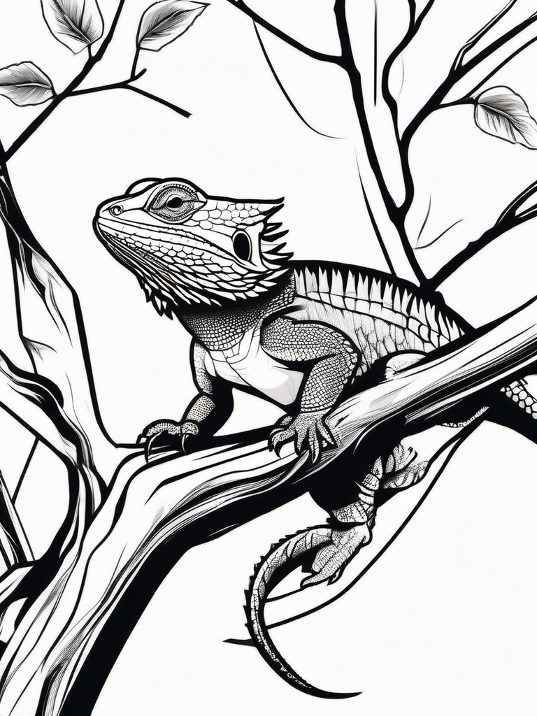 Bearded Dragon Tattoo - Majestic bearded dragon perched on a branch  few color tattoo design, simple line art, design clean white background