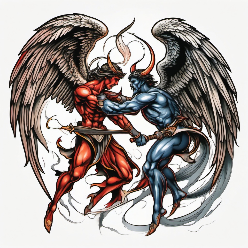 Angel Fighting Devil Tattoo-Dynamic and intense tattoo design depicting a battle between an angel and a devil.  simple color tattoo,white background