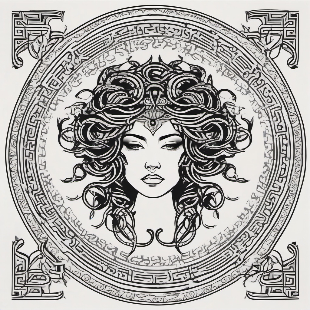 Medusa Blackwork - Infuse contemporary artistry with a blackwork Medusa tattoo, featuring bold black ink and intricate patterns.  simple vector color tattoo,minimal,white background