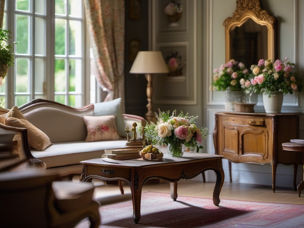 French Country Living Room - French country haven with antique furniture and soft florals. realistic, professional photography, bokeh, natural lighting, canon lens, shot on dslr 64 megapixels sharp focus