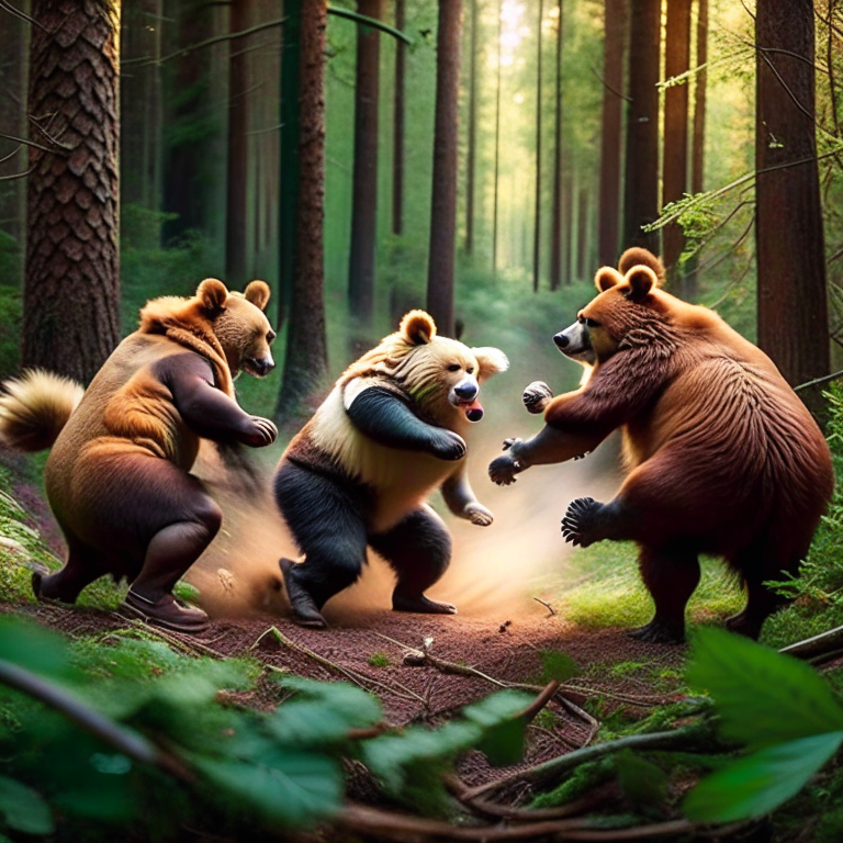 bears trying to breakdance in a forest clearing, spinning and twirling clumsily. 