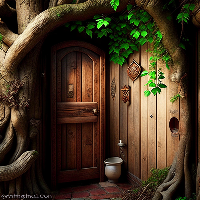 elf village bathroom with tree bark textures and elven script wallpaper. 