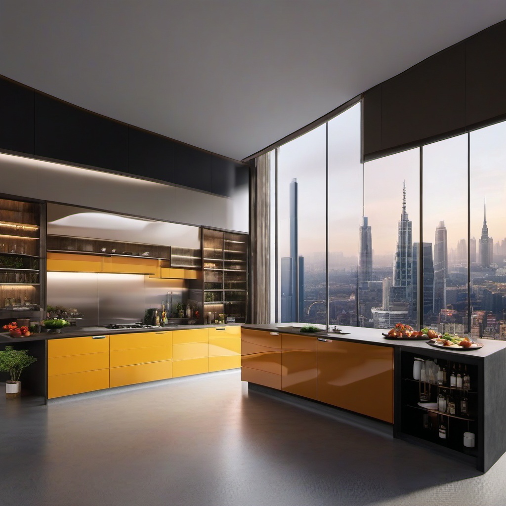 City Skyline Culinary Sanctuary - Design a kitchen with a skyline view and urban aesthetics. , kitchen layout design ideas, multicoloured, photo realistic, hyper detail, high resolution,