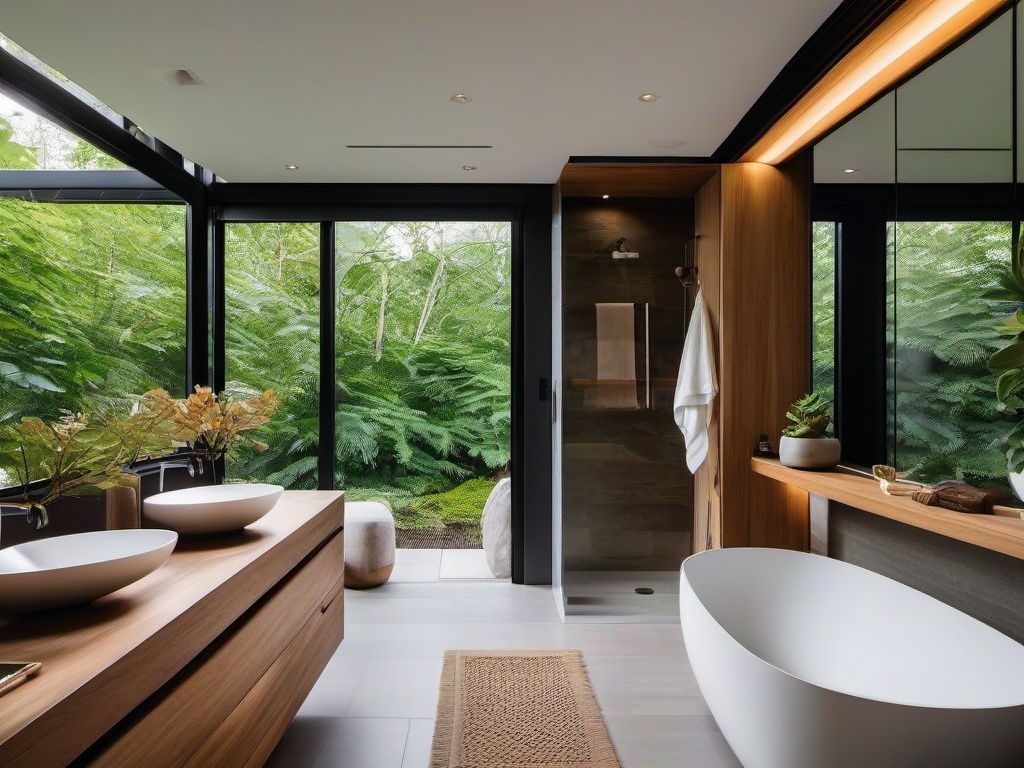 Biophilic interior design in the master bathroom features natural stone tiles, wooden accents, and a view of outdoor greenery, creating a peaceful oasis for relaxation and self-care.  