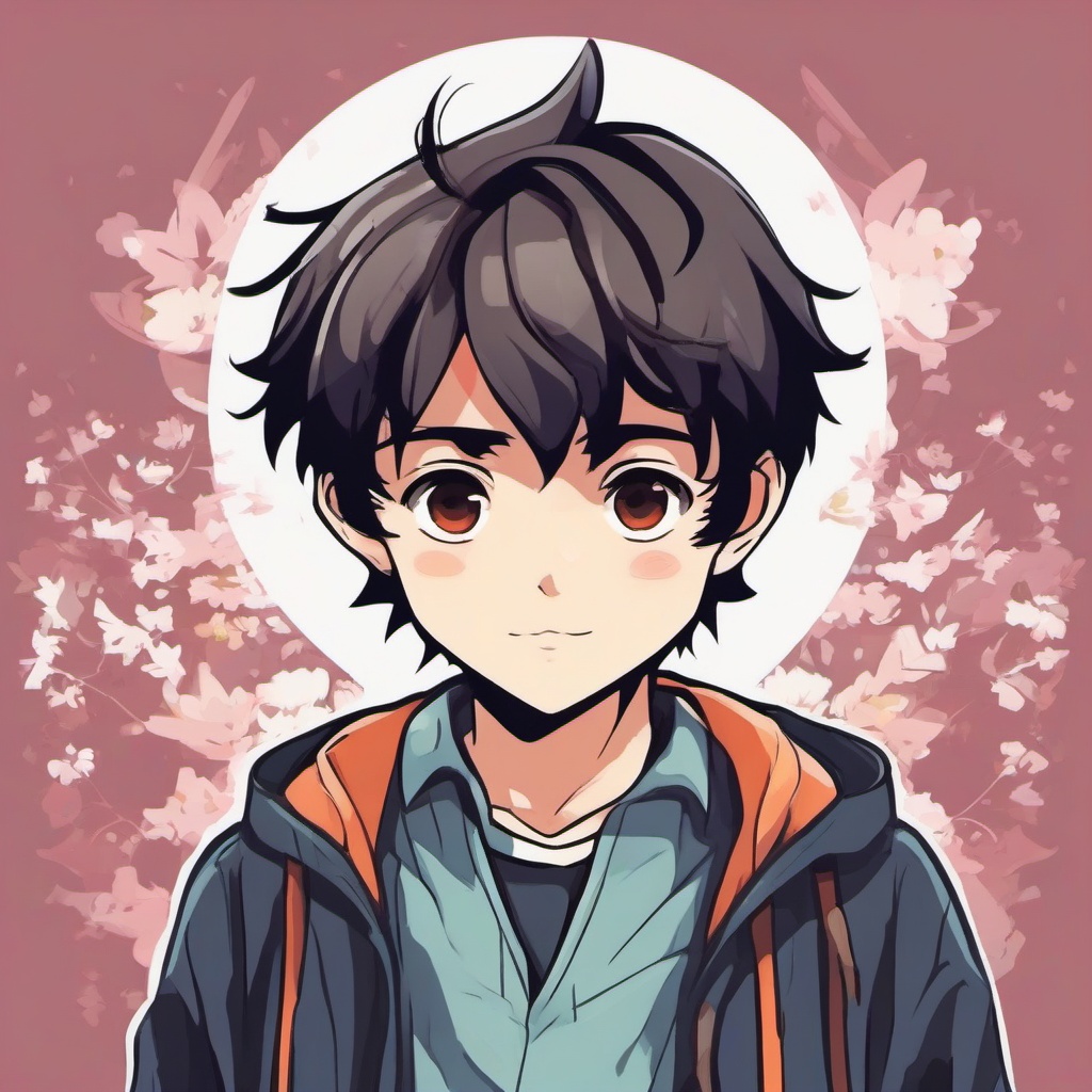 boy fac, dark hair,  front facing ,cute anime color style, pfp , vector illustration, clipart