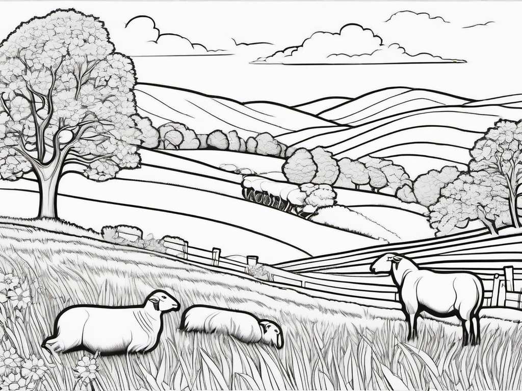 Summer Coloring Pages - Scenic countryside with rolling hills and grazing sheep  simple coloring pages