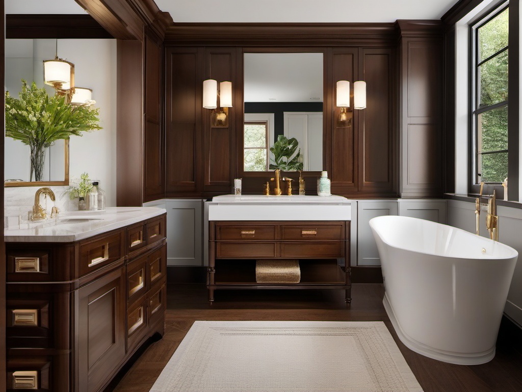 A small bathroom designed with traditional interior design highlights rich wood accents, classic fixtures, and elegant decor that elevate the space into a stylish and functional retreat.  