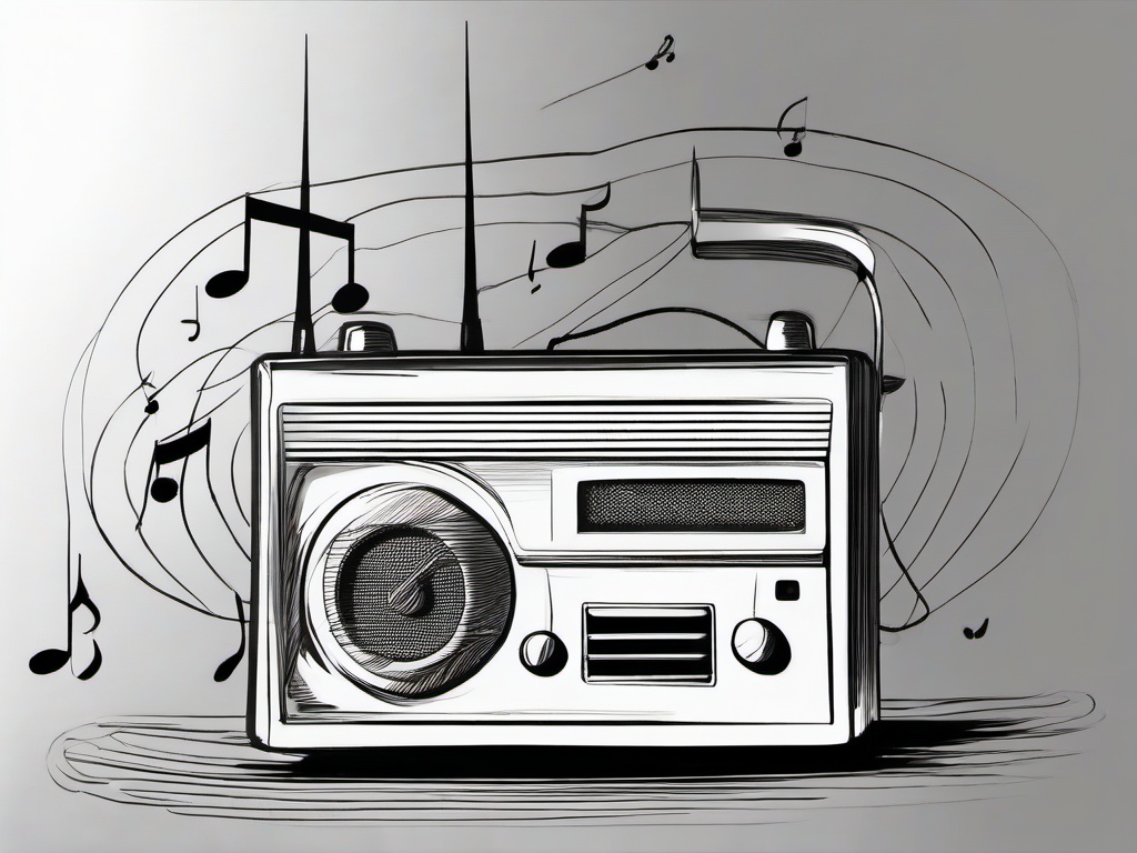 drawing of music coming out of a radio  minimal rough sketch scribbles,doodles,black and white