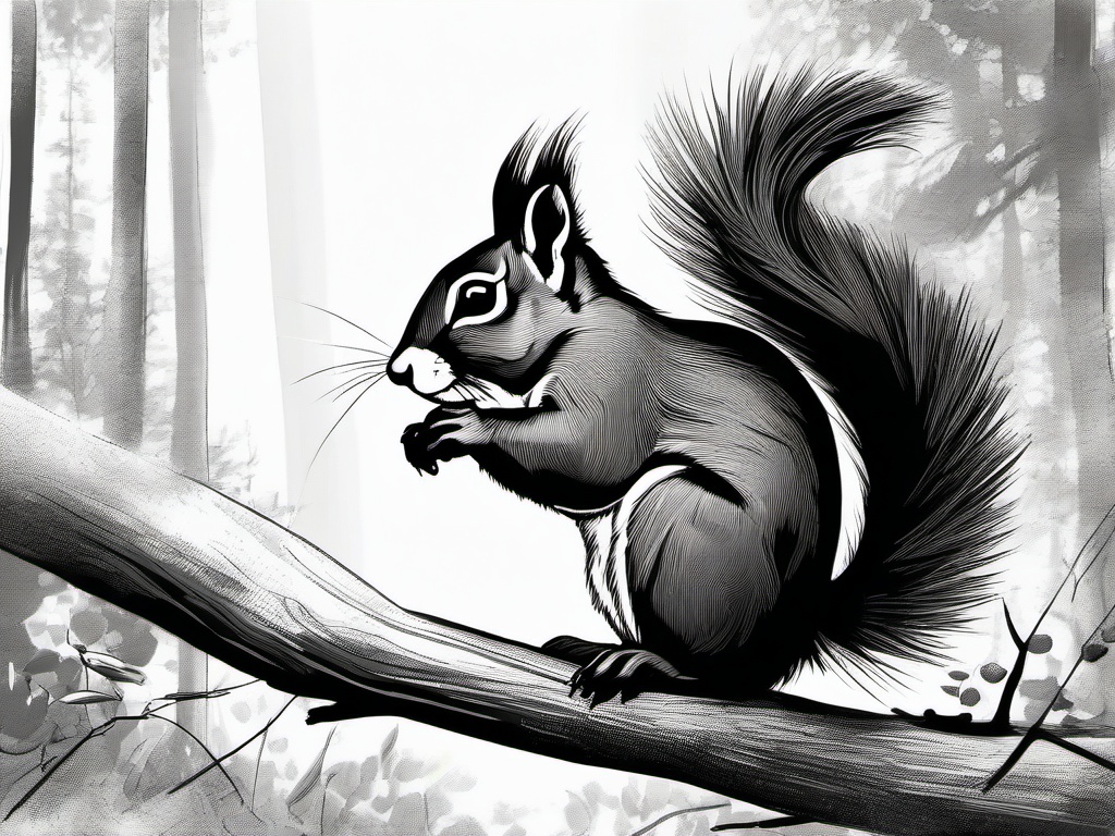 drawing of a squirrel in a forest  minimal rough sketch scribbles,doodles,black and white