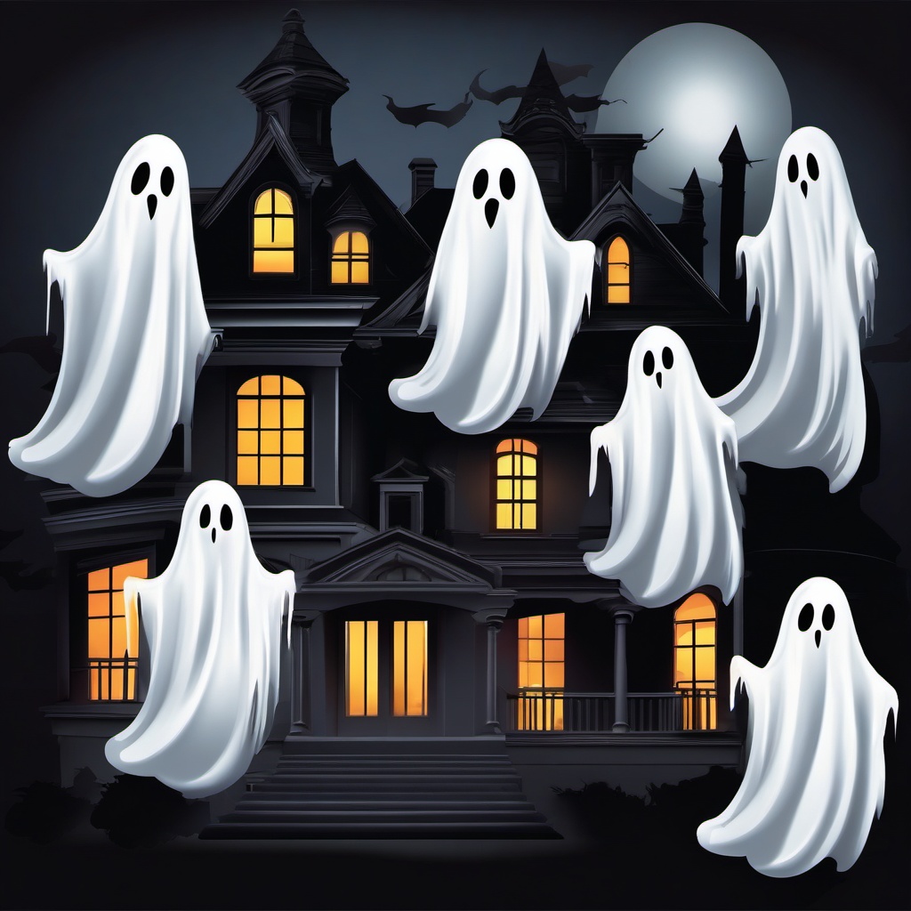 Ghost Clipart, Spooky ghosts haunting a dark mansion. 