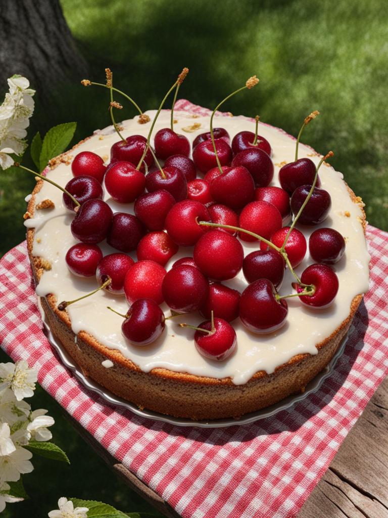 cherry almond cake with almond glaze, relished at a sunny orchard picnic. 