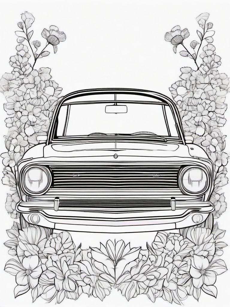 Car with Flowers Coloring Pages - Colorful Car Surrounded by Blooms  minimal black outline printable sheet, coloring page