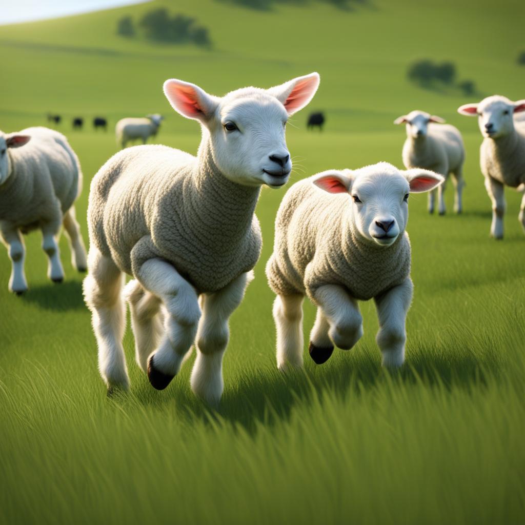 lamb frolicking with other lambs in a vast green pasture 8k ultrarealistic cinematic 