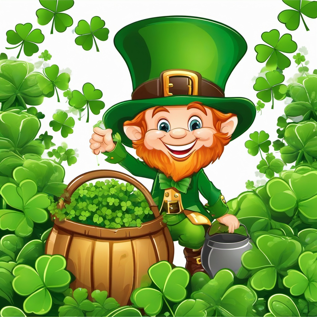 Leprechaun clipart - leprechaun in a garden of four-leaf clovers  