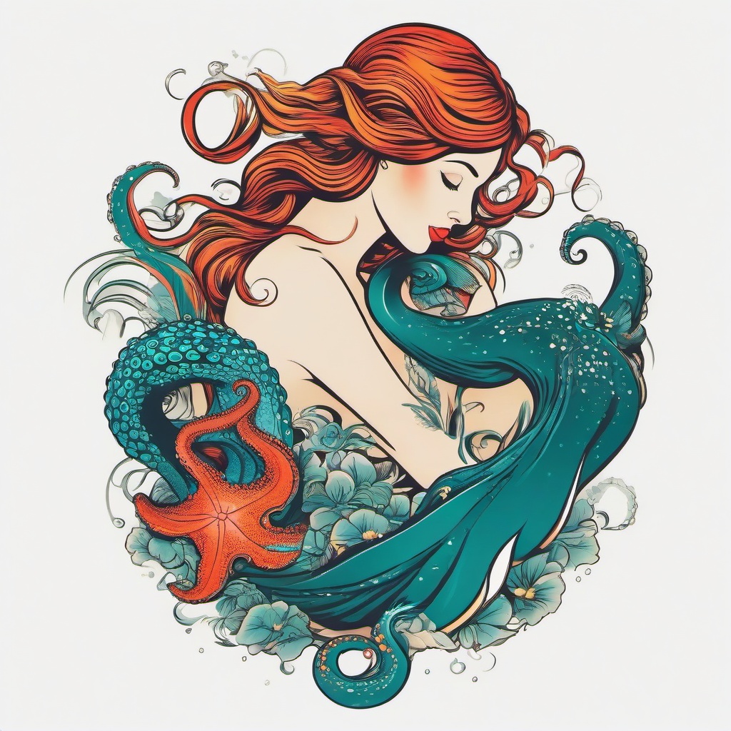 Octopus and Mermaid Tattoo - Showcase the synergy between an octopus and a mermaid in a captivating tattoo.  simple vector color tattoo,minimal,white background