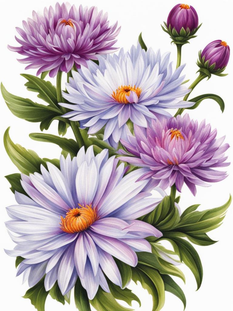 Aster flower tattoo, Tattoos inspired by the charming and delicate aster flower.  vivid colors, white background, tattoo design