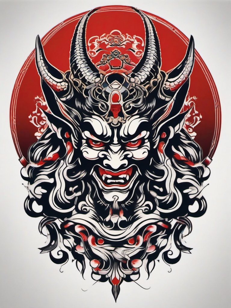 Japanese Demon Tattoo-Artistic and traditional Japanese tattoo featuring a demon, showcasing intricate details and symbolism.  simple color tattoo,white background